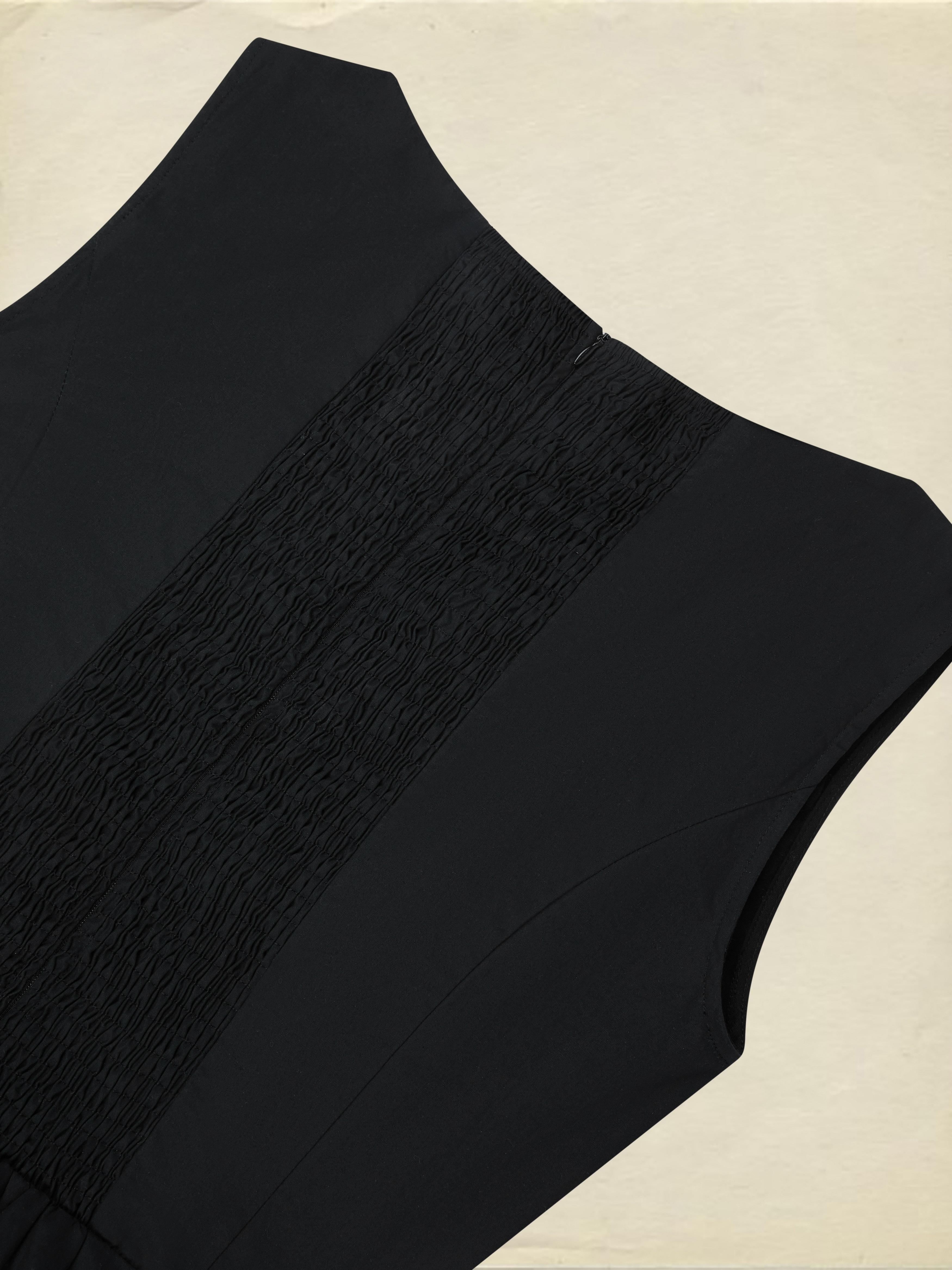 Maxi Cotton Dress, Sleeveless, V Neck, Plain, French Vintage, Black - Black