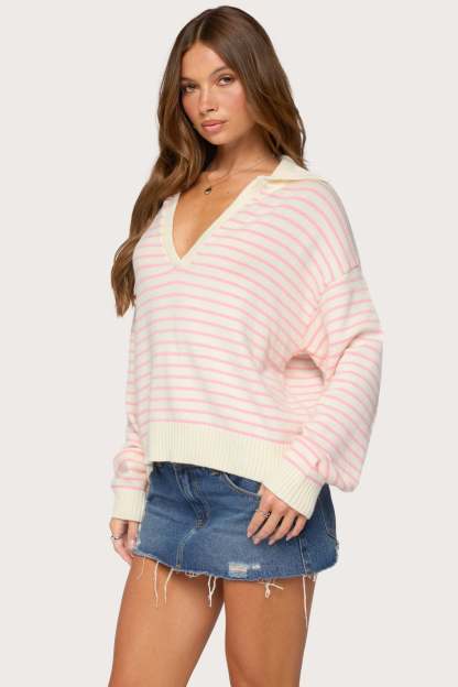 Copenhagen Oversized Striped Sweater - CREAM-AND-PINK