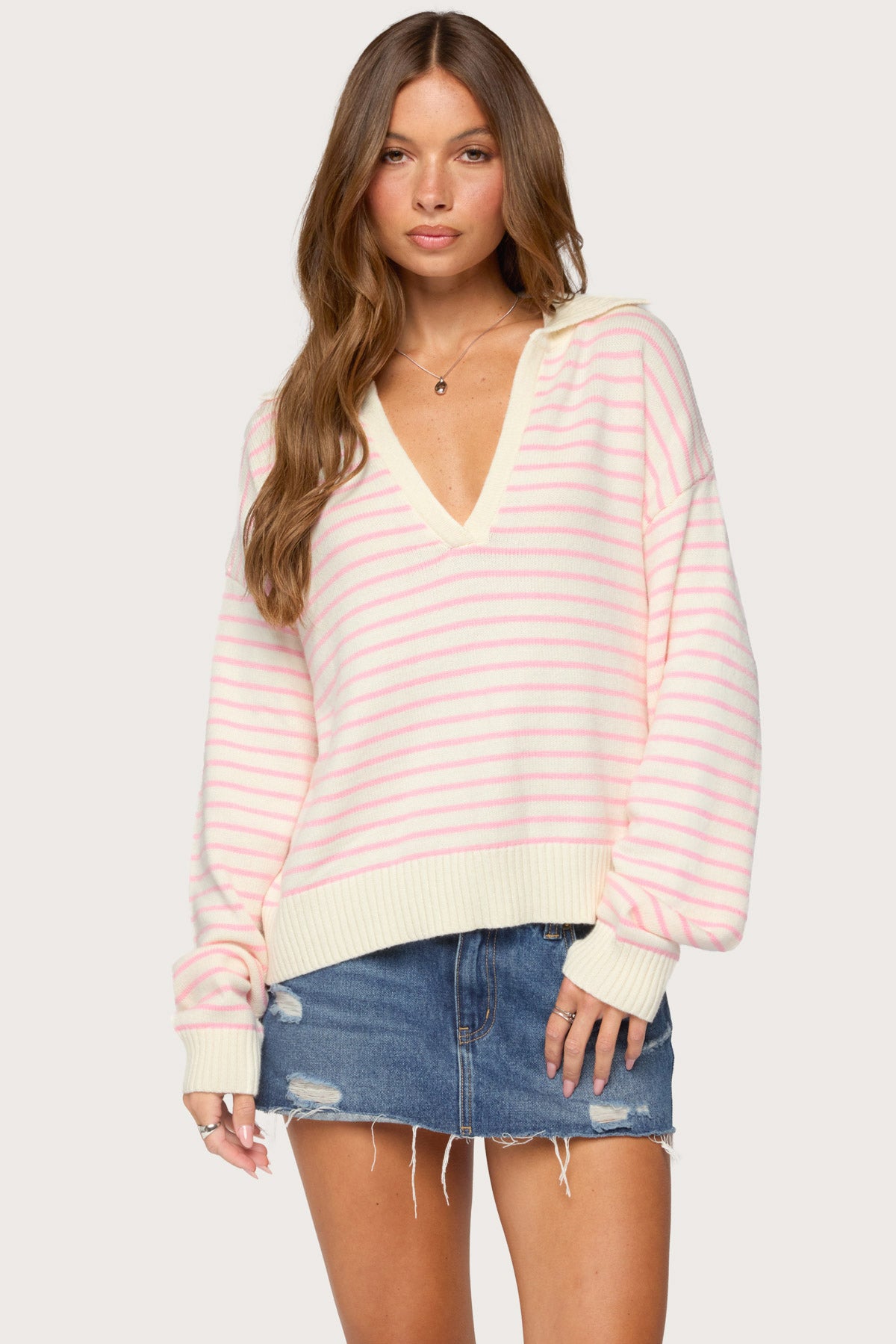 Copenhagen Oversized Striped Sweater - CREAM-AND-PINK