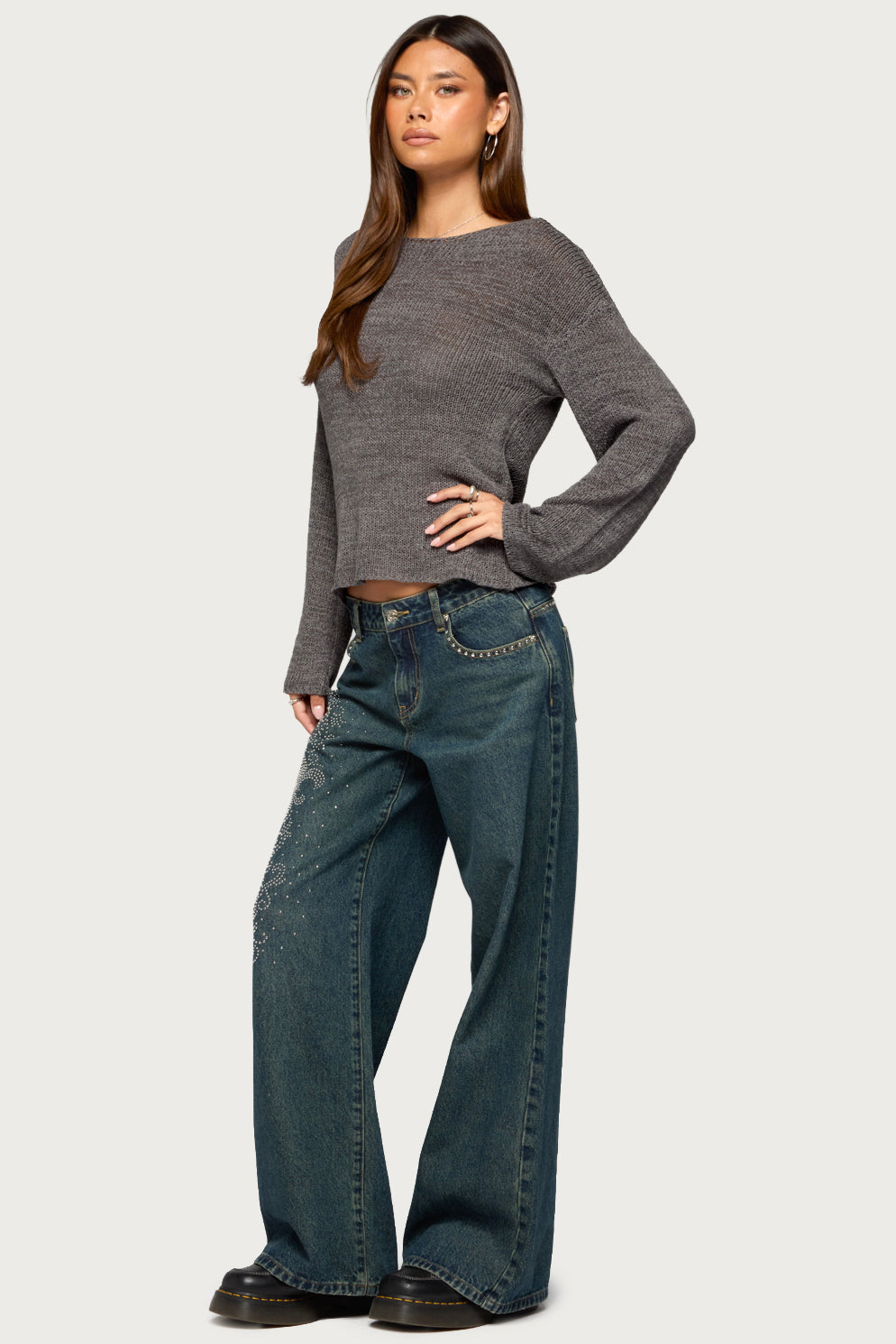 Drop Shoulder Light Knit Sweater - DARK-GRAY