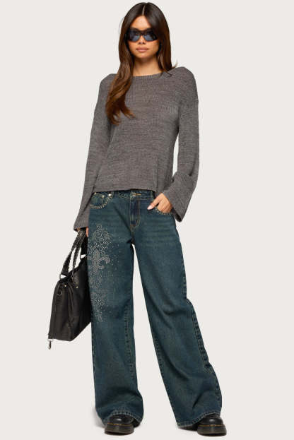 Drop Shoulder Light Knit Sweater - DARK-GRAY