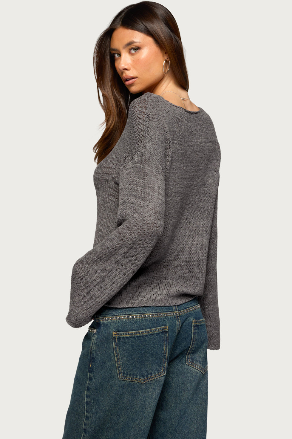Drop Shoulder Light Knit Sweater - DARK-GRAY