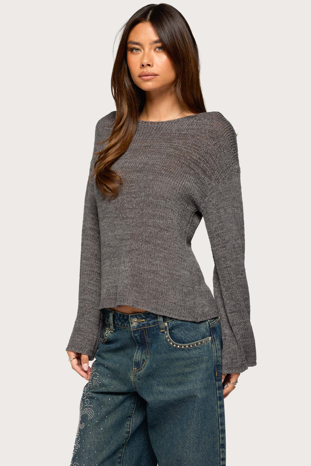 Drop Shoulder Light Knit Sweater - DARK-GRAY