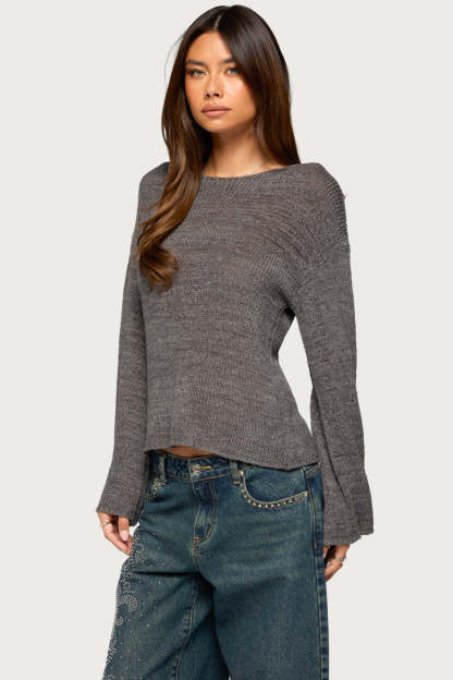 Drop Shoulder Light Knit Sweater - DARK-GRAY