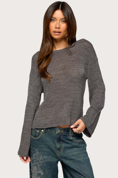 Drop Shoulder Light Knit Sweater - DARK-GRAY