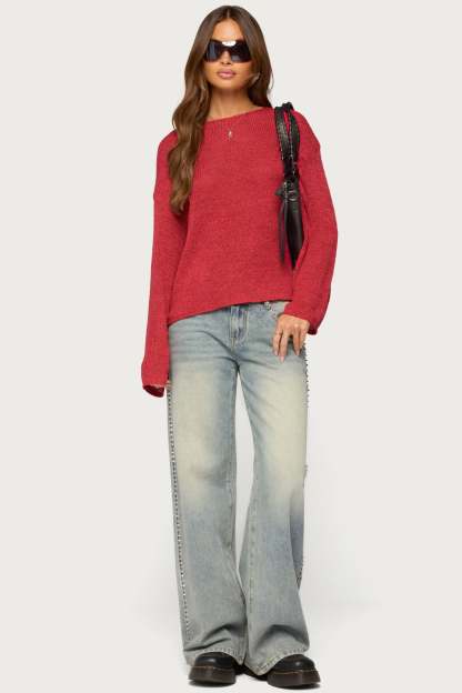 Drop Shoulder Light Knit Sweater - RED