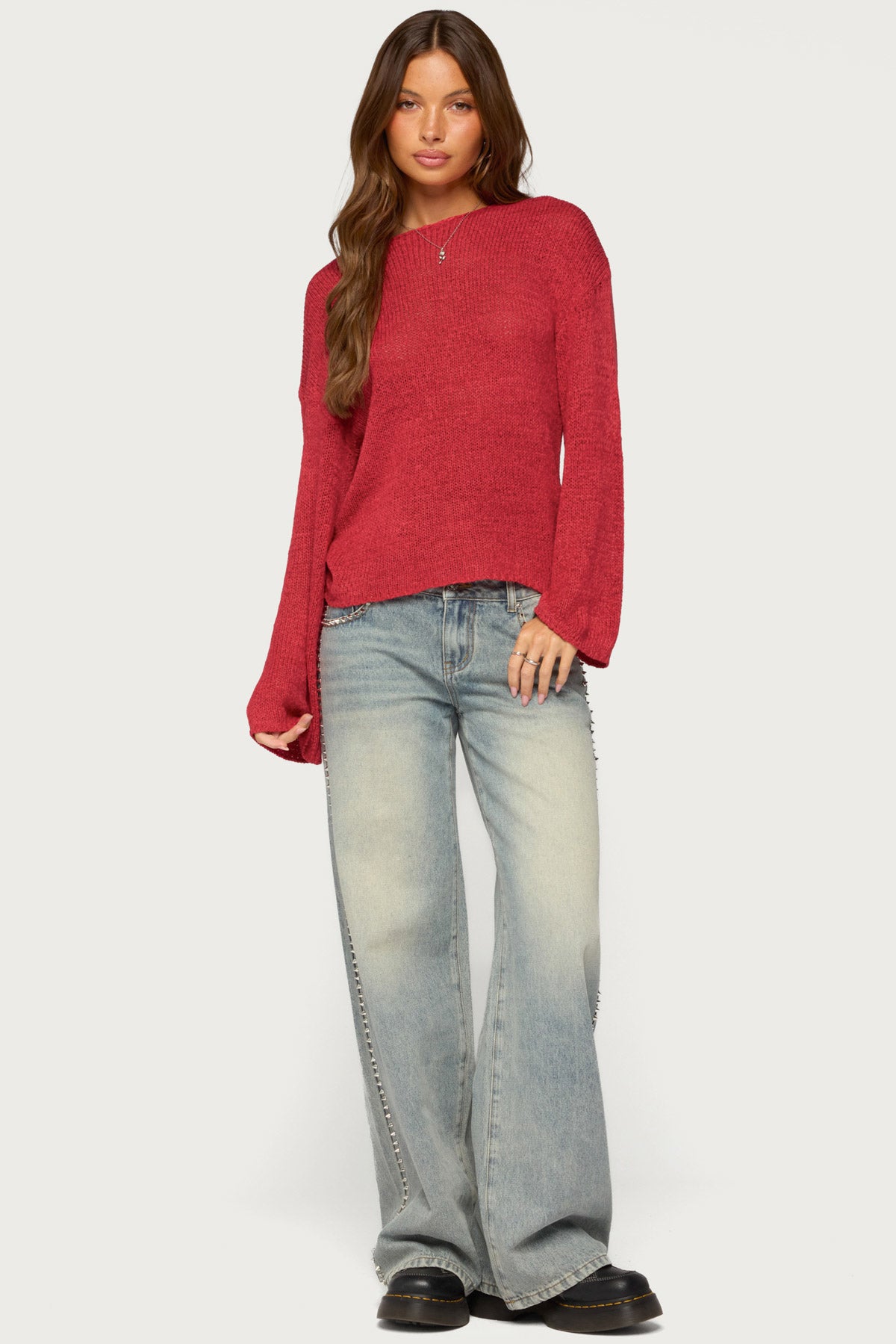 Drop Shoulder Light Knit Sweater - RED