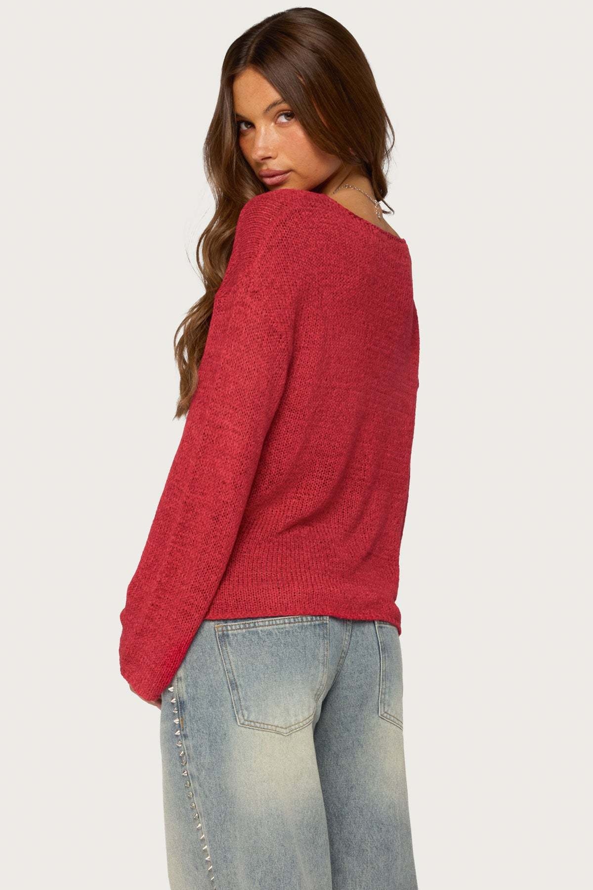 Drop Shoulder Light Knit Sweater - RED