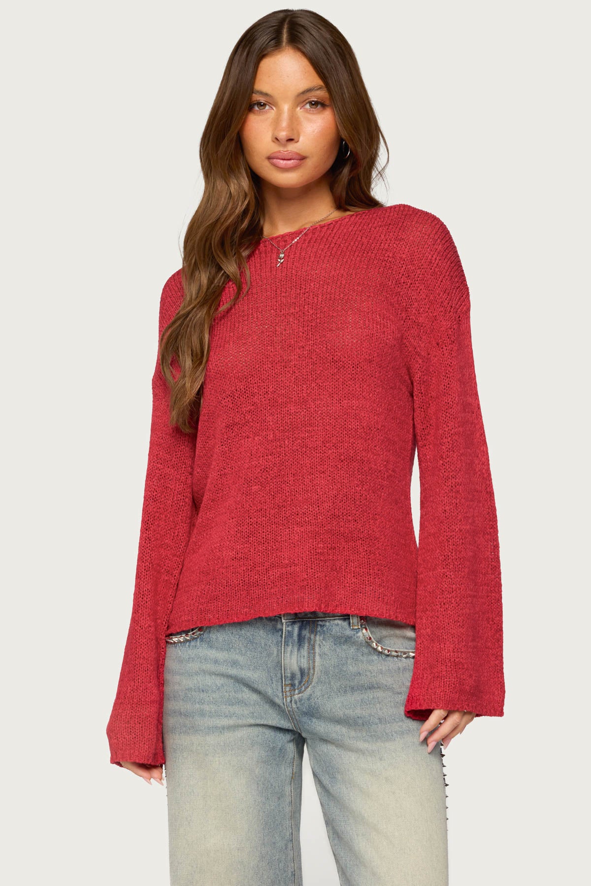 Drop Shoulder Light Knit Sweater - RED