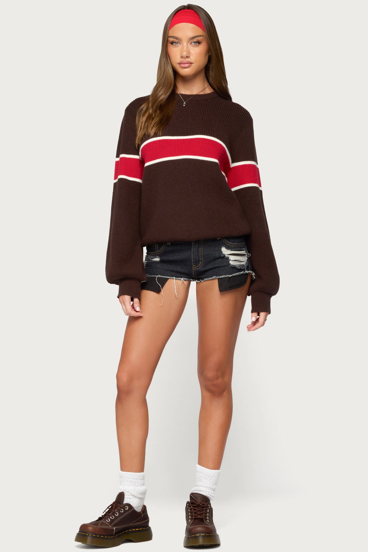 Nautical Striped Oversized Sweater - BROWN