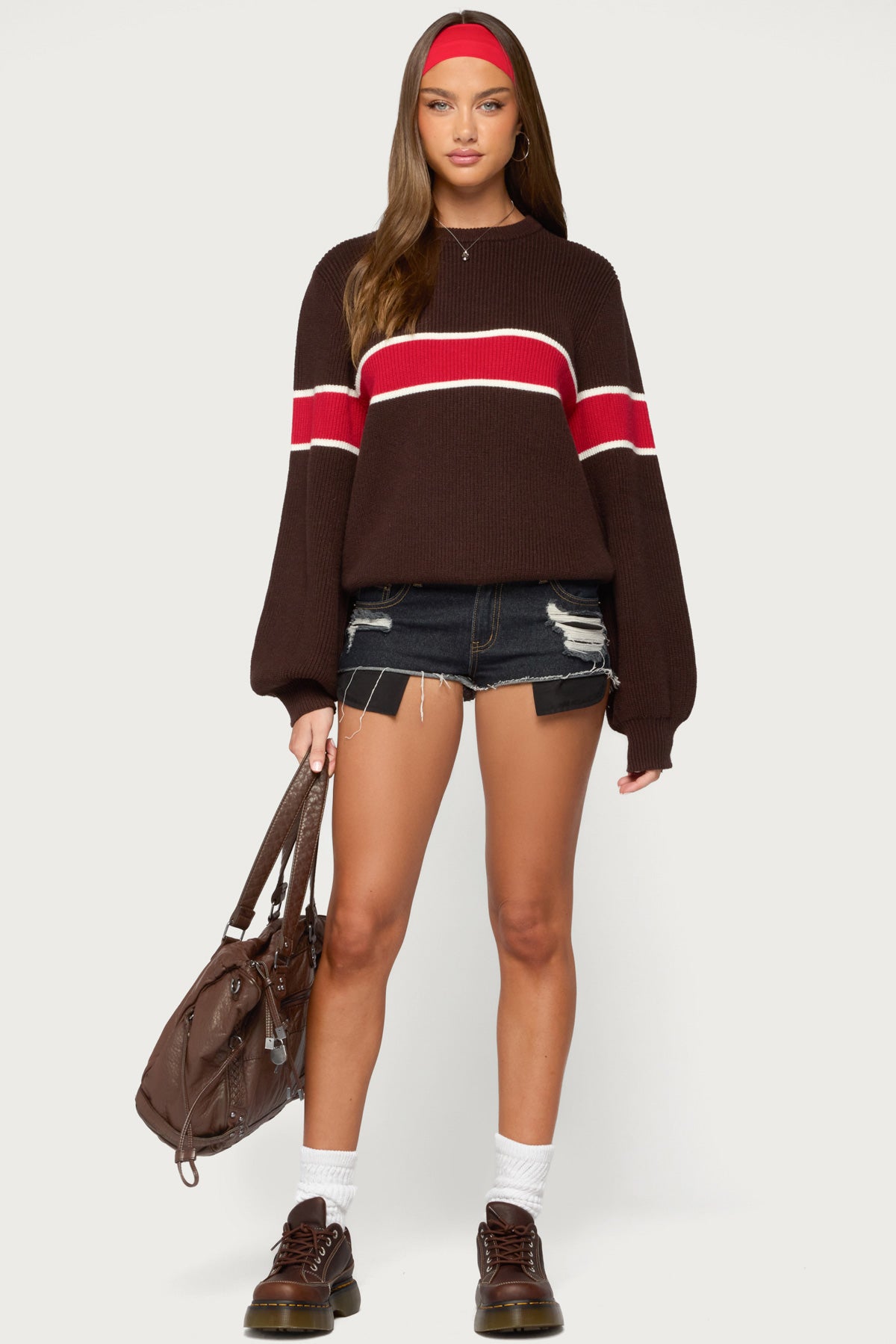 Nautical Striped Oversized Sweater - BROWN