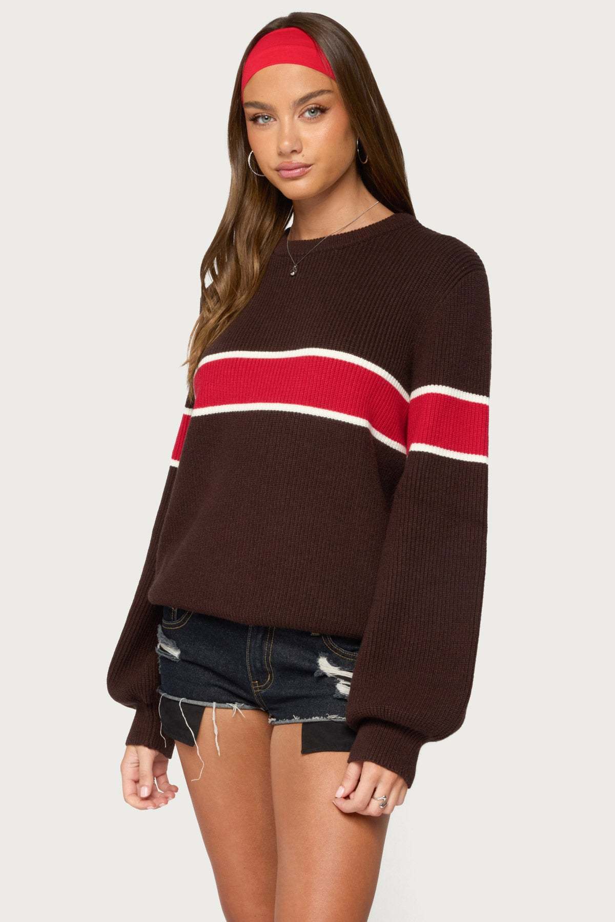 Nautical Striped Oversized Sweater - BROWN