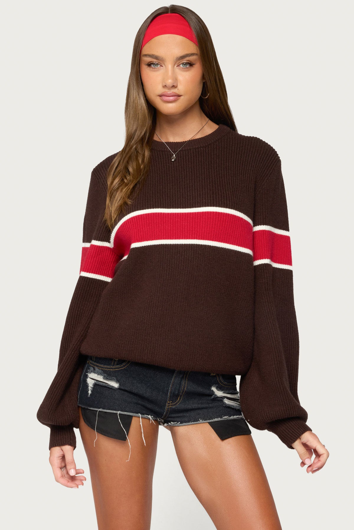 Nautical Striped Oversized Sweater - BROWN