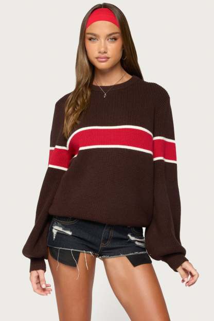 Nautical Striped Oversized Sweater - BROWN