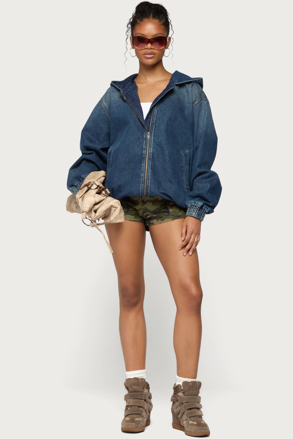 Hooded Vintage Washed Denim Bomber Jacket - MEDIUM-BLUE