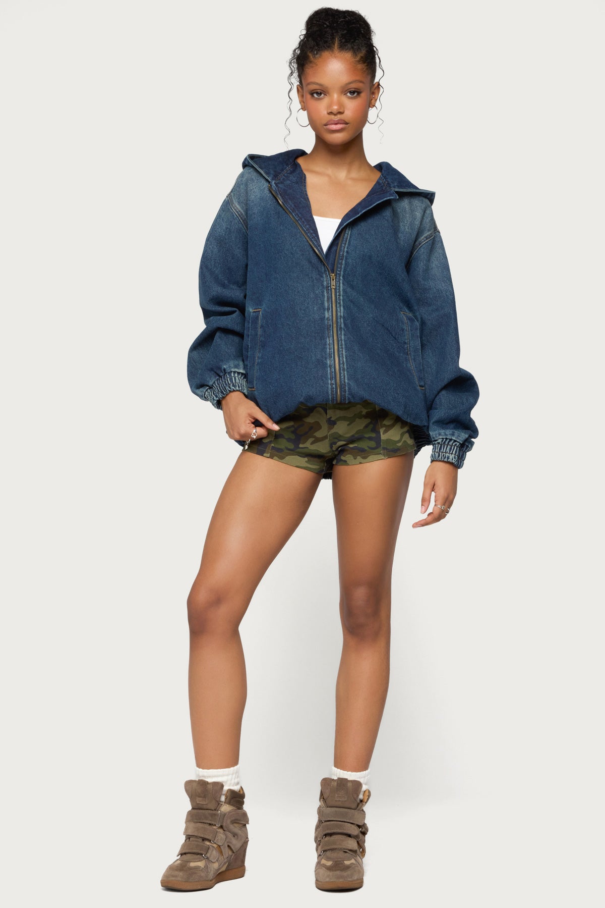 Hooded Vintage Washed Denim Bomber Jacket - MEDIUM-BLUE