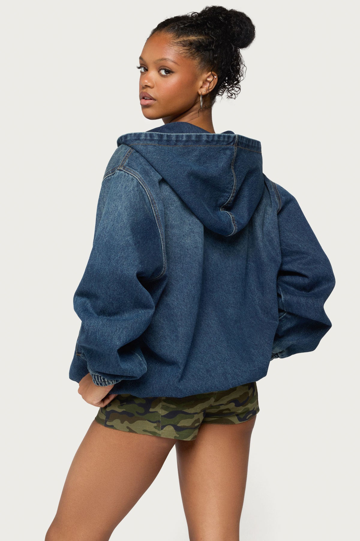 Hooded Vintage Washed Denim Bomber Jacket - MEDIUM-BLUE