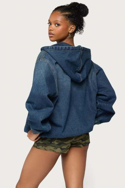 Hooded Vintage Washed Denim Bomber Jacket - MEDIUM-BLUE