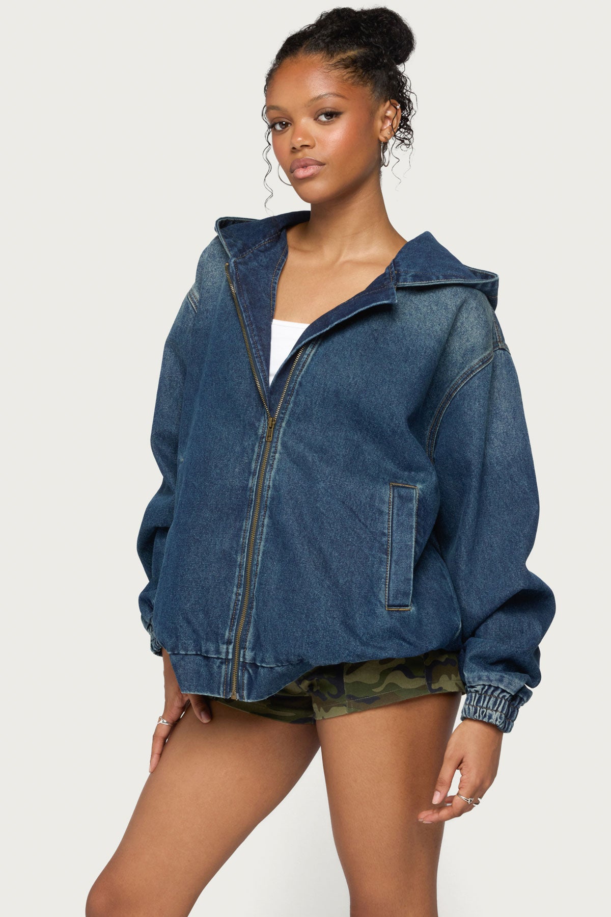 Hooded Vintage Washed Denim Bomber Jacket - MEDIUM-BLUE