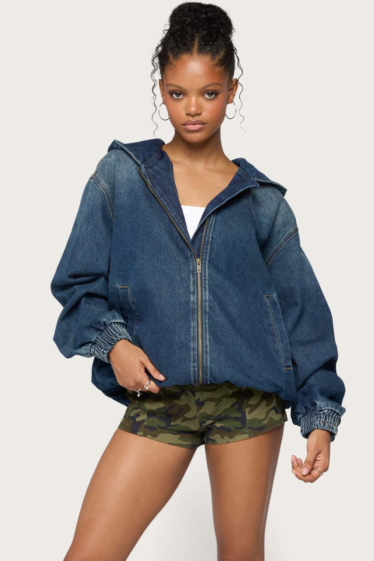 Hooded Vintage Washed Denim Bomber Jacket - MEDIUM-BLUE