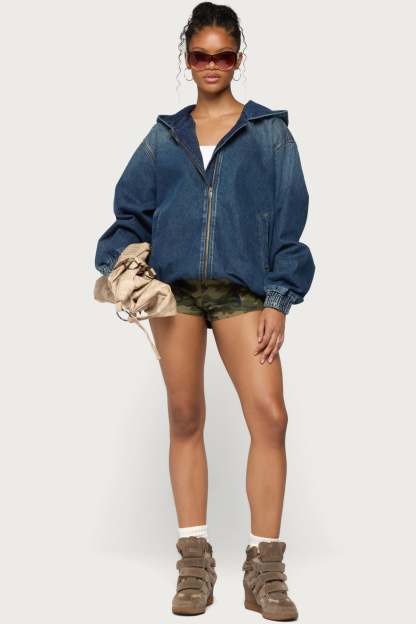 Hooded Vintage Washed Denim Bomber Jacket - MEDIUM-BLUE