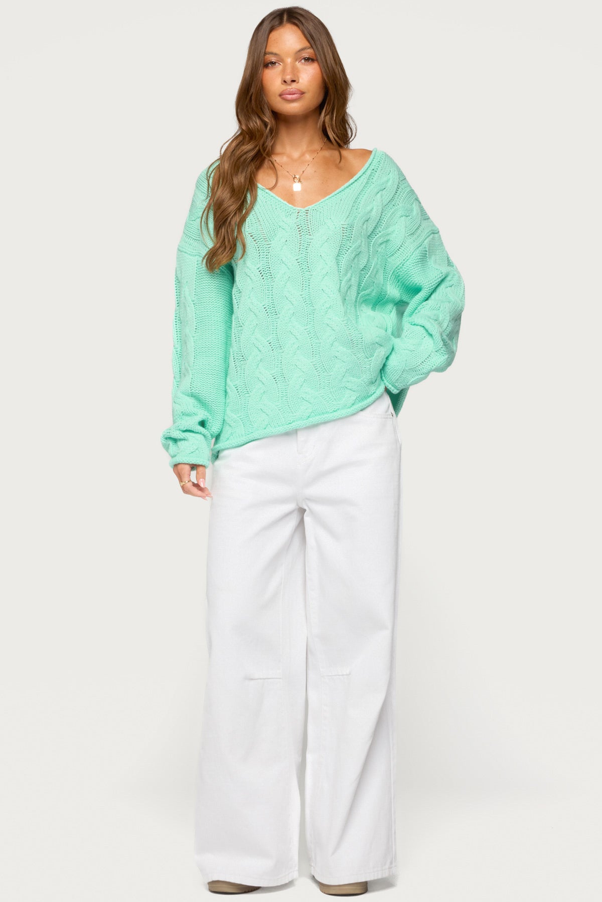 Inga Oversized Cable Knit Sweater - AQUA