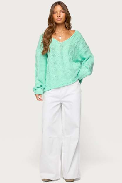 Inga Oversized Cable Knit Sweater - AQUA