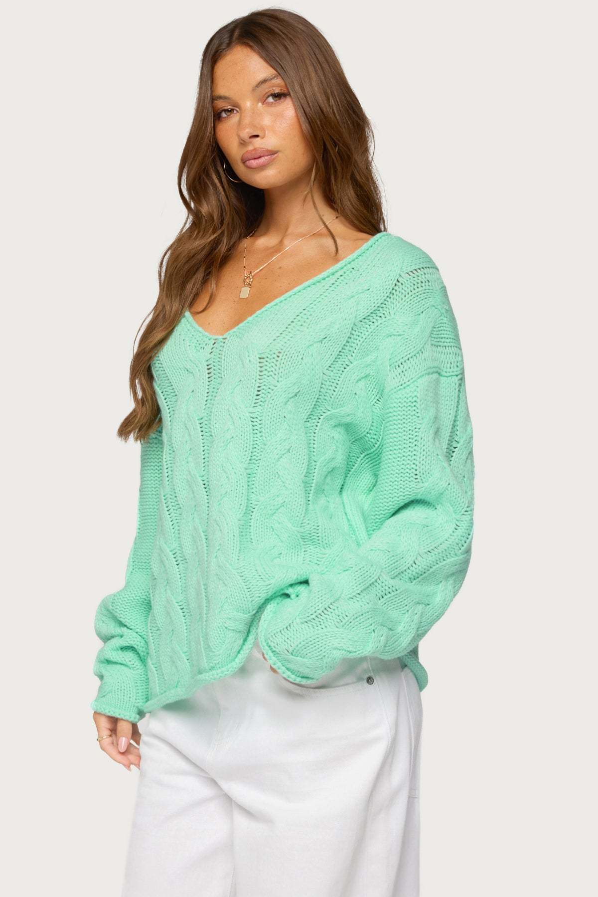 Inga Oversized Cable Knit Sweater - AQUA