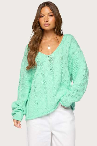 Inga Oversized Cable Knit Sweater - AQUA