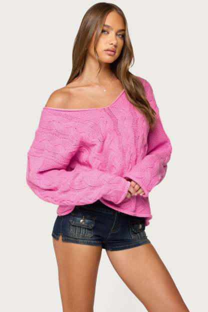 Inga Oversized Cable Knit Sweater - PINK