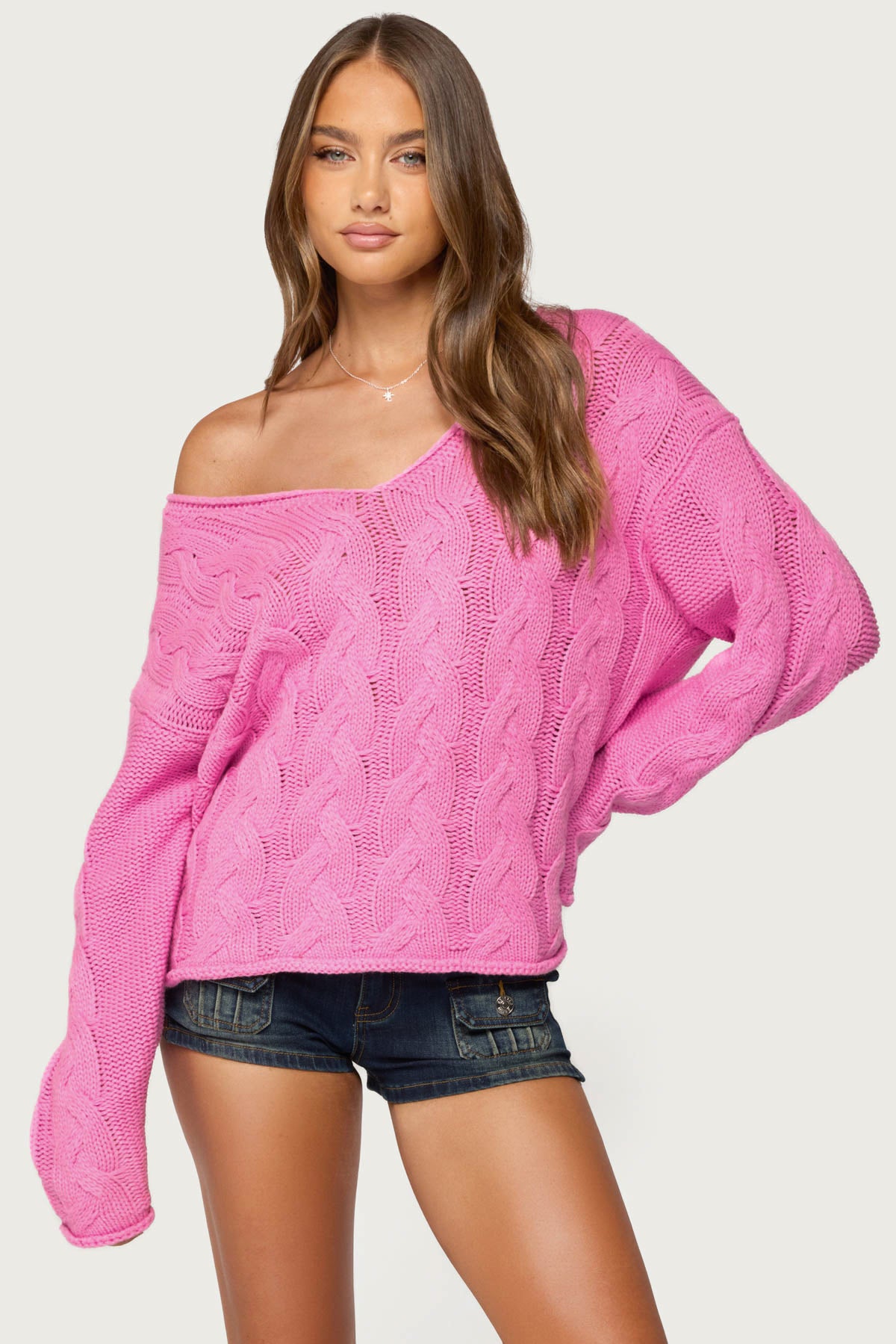 Inga Oversized Cable Knit Sweater - PINK
