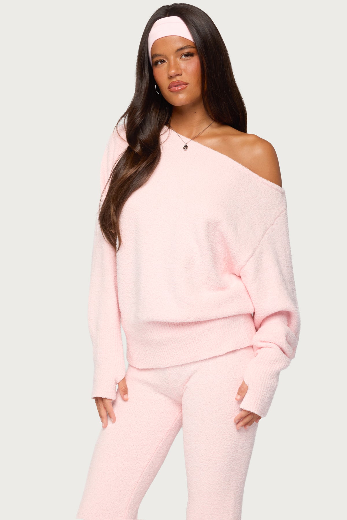 Plush Oversized Asymmetric Sweater - LIGHT-PINK