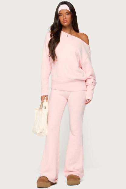 Plush Oversized Asymmetric Sweater - LIGHT-PINK