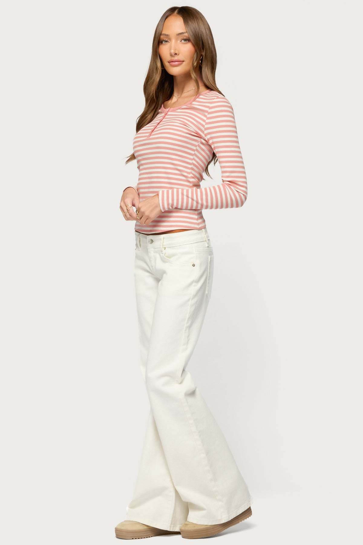 Roma Striped Henley Top - PINK-AND-WHITE