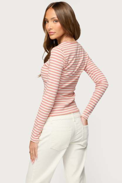 Roma Striped Henley Top - PINK-AND-WHITE