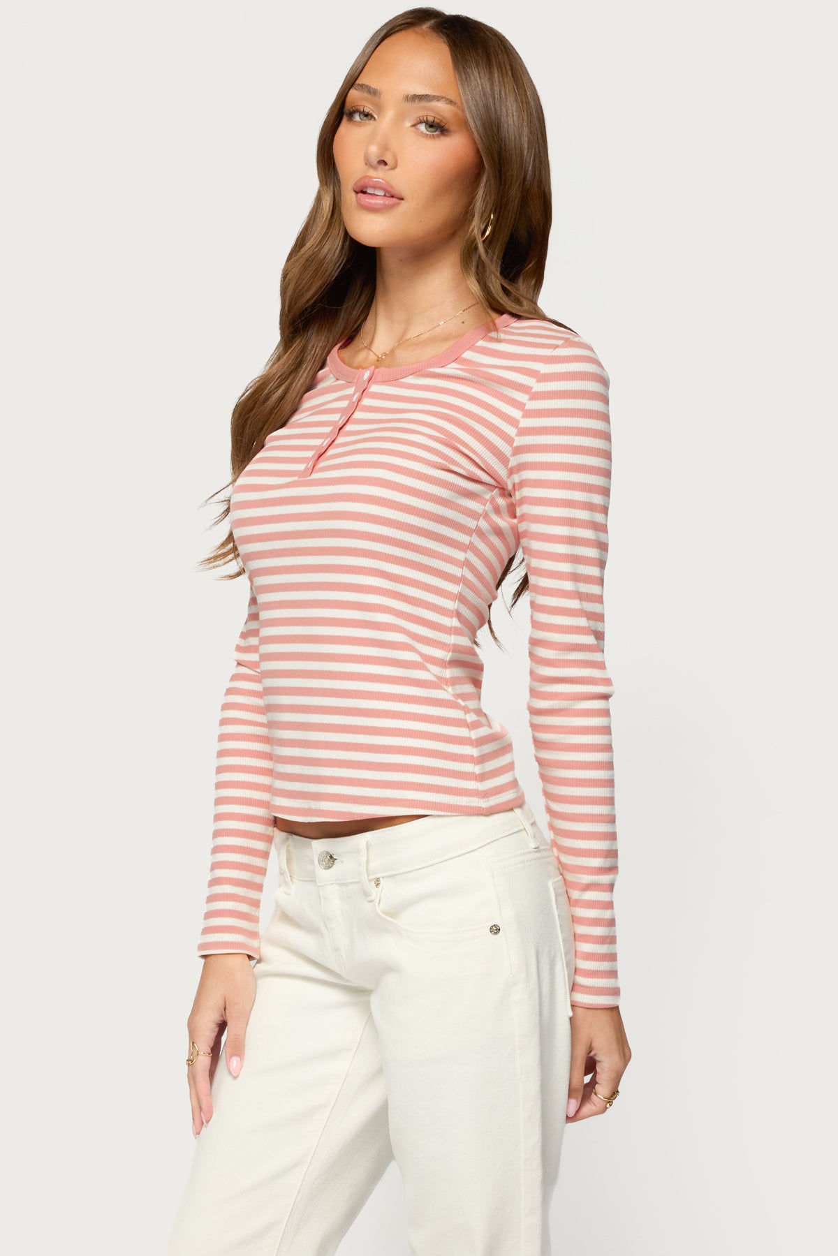 Roma Striped Henley Top - PINK-AND-WHITE