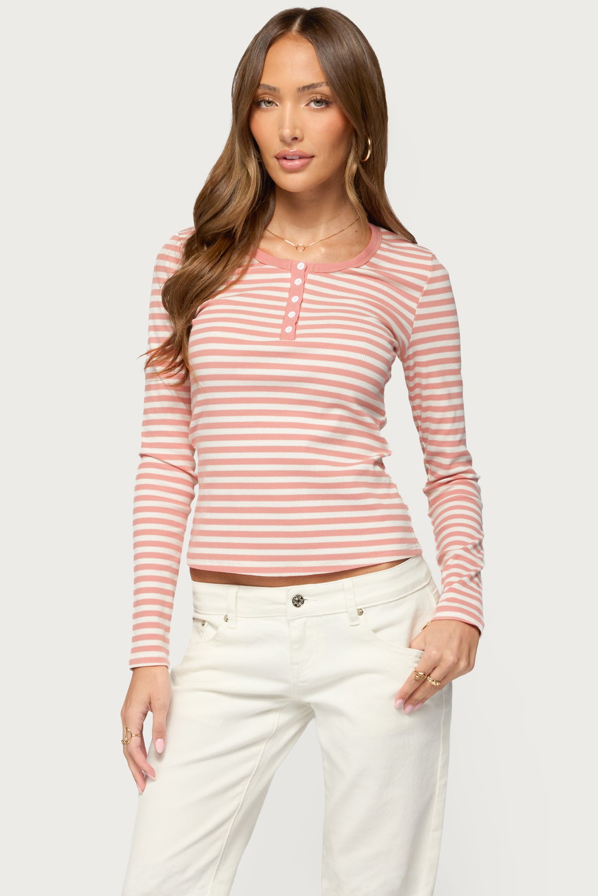 Roma Striped Henley Top - PINK-AND-WHITE