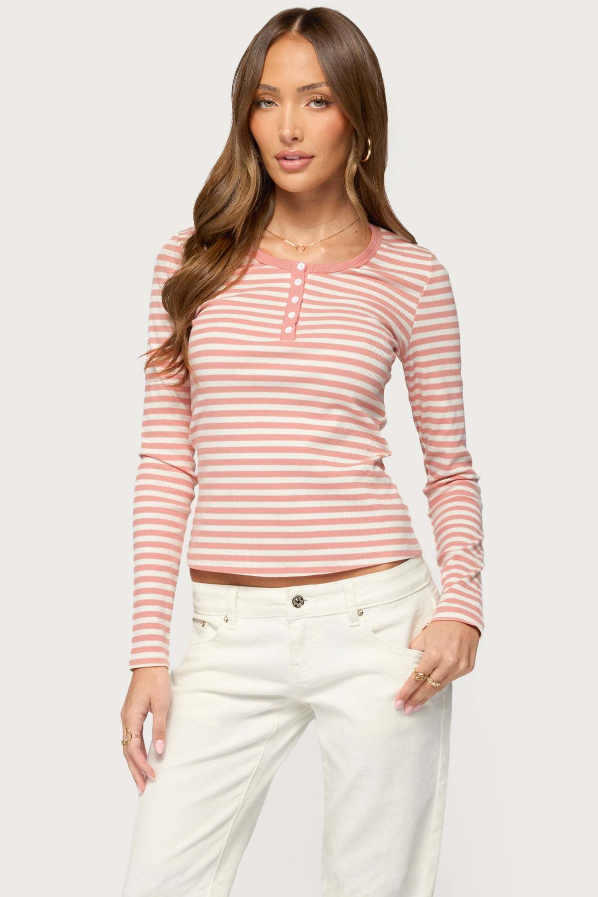 Roma Striped Henley Top - PINK-AND-WHITE