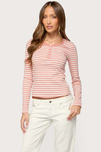 Roma Striped Henley Top - PINK-AND-WHITE