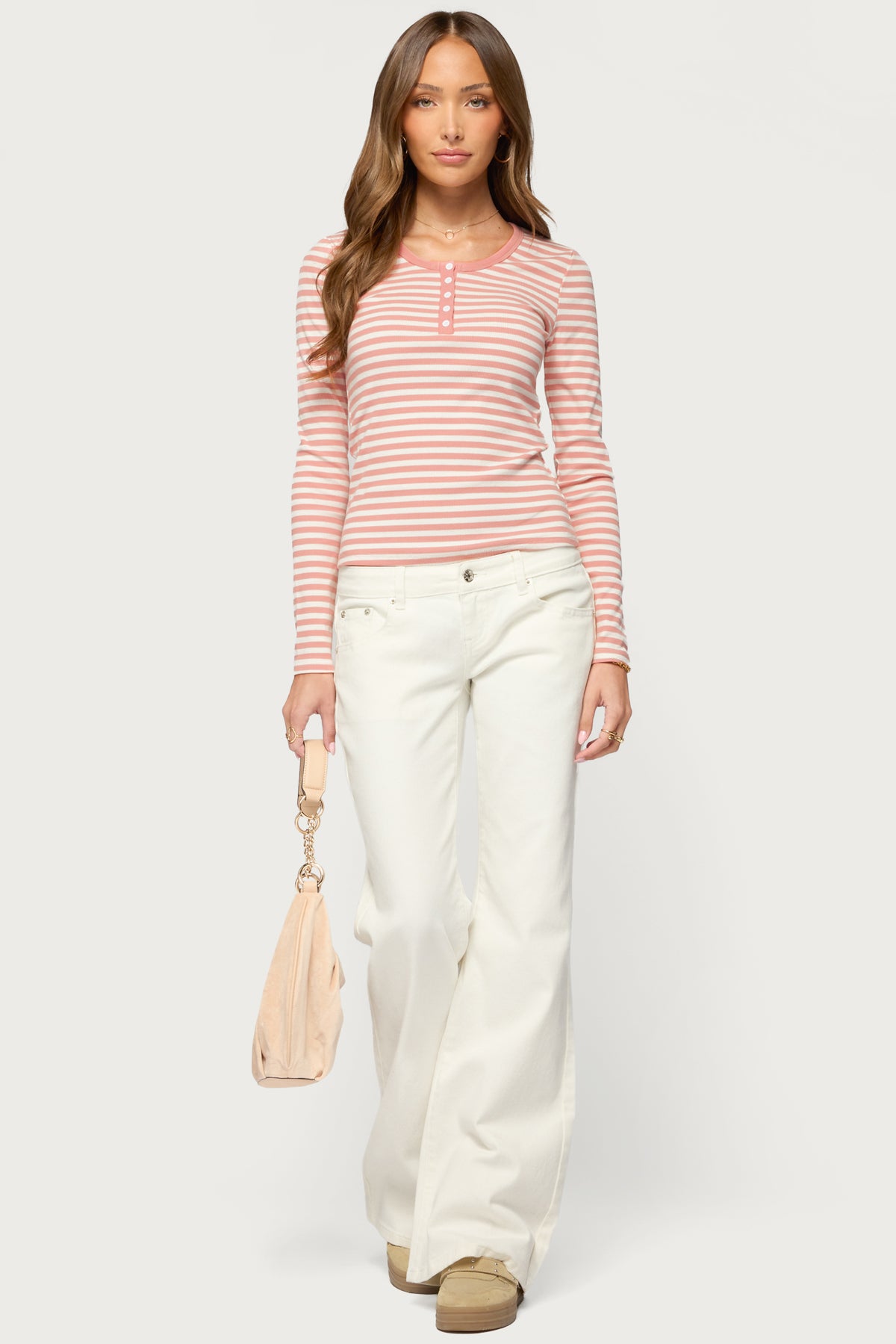 Roma Striped Henley Top - PINK-AND-WHITE