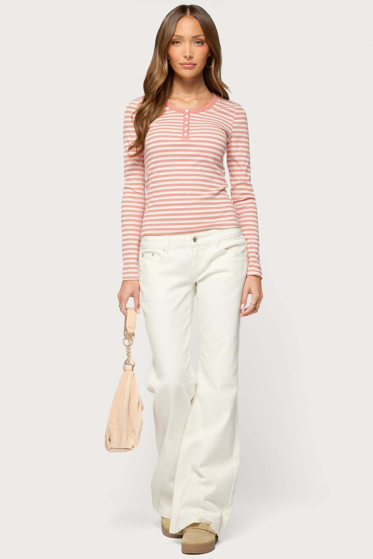 Roma Striped Henley Top - PINK-AND-WHITE