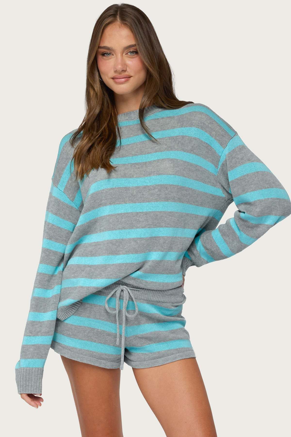 Amaris Oversized Striped Sweater - TURQUOISE-AND-GRAY-MELANGE