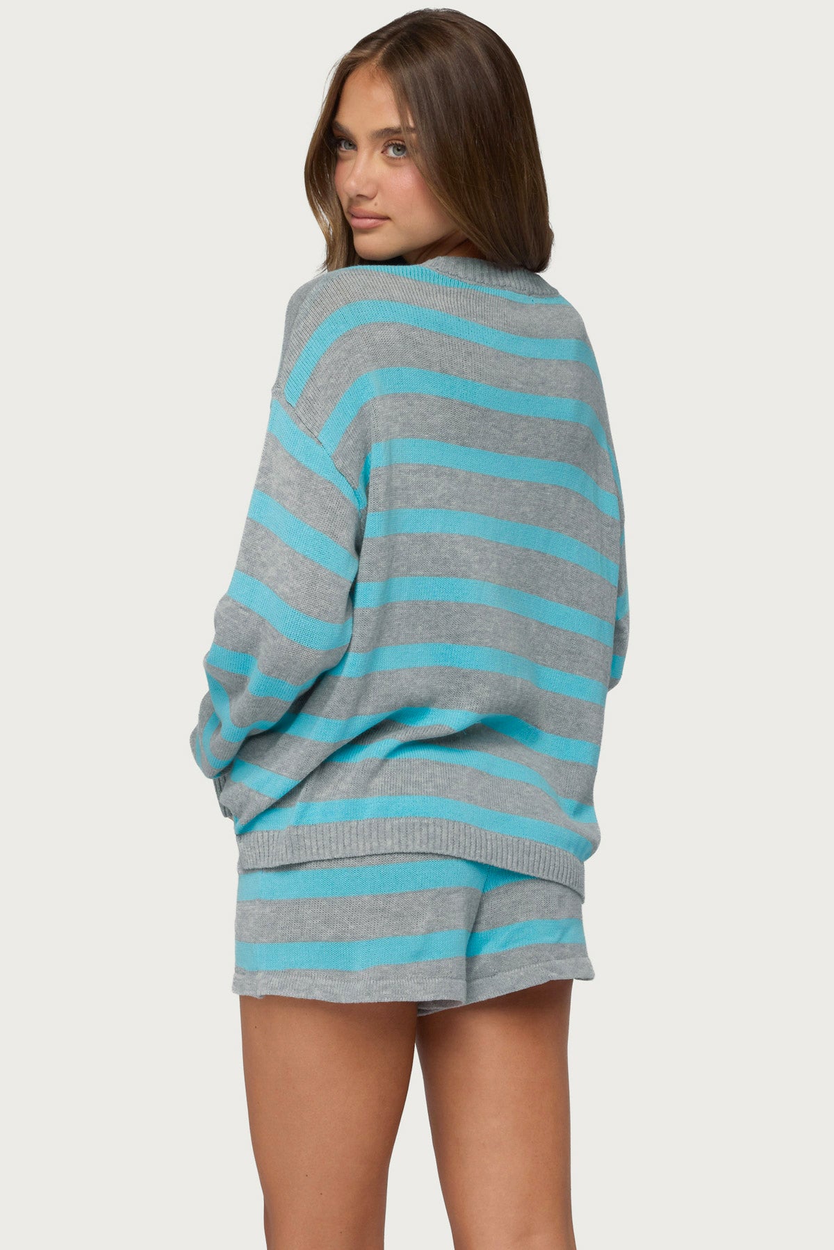 Amaris Oversized Striped Sweater - TURQUOISE-AND-GRAY-MELANGE