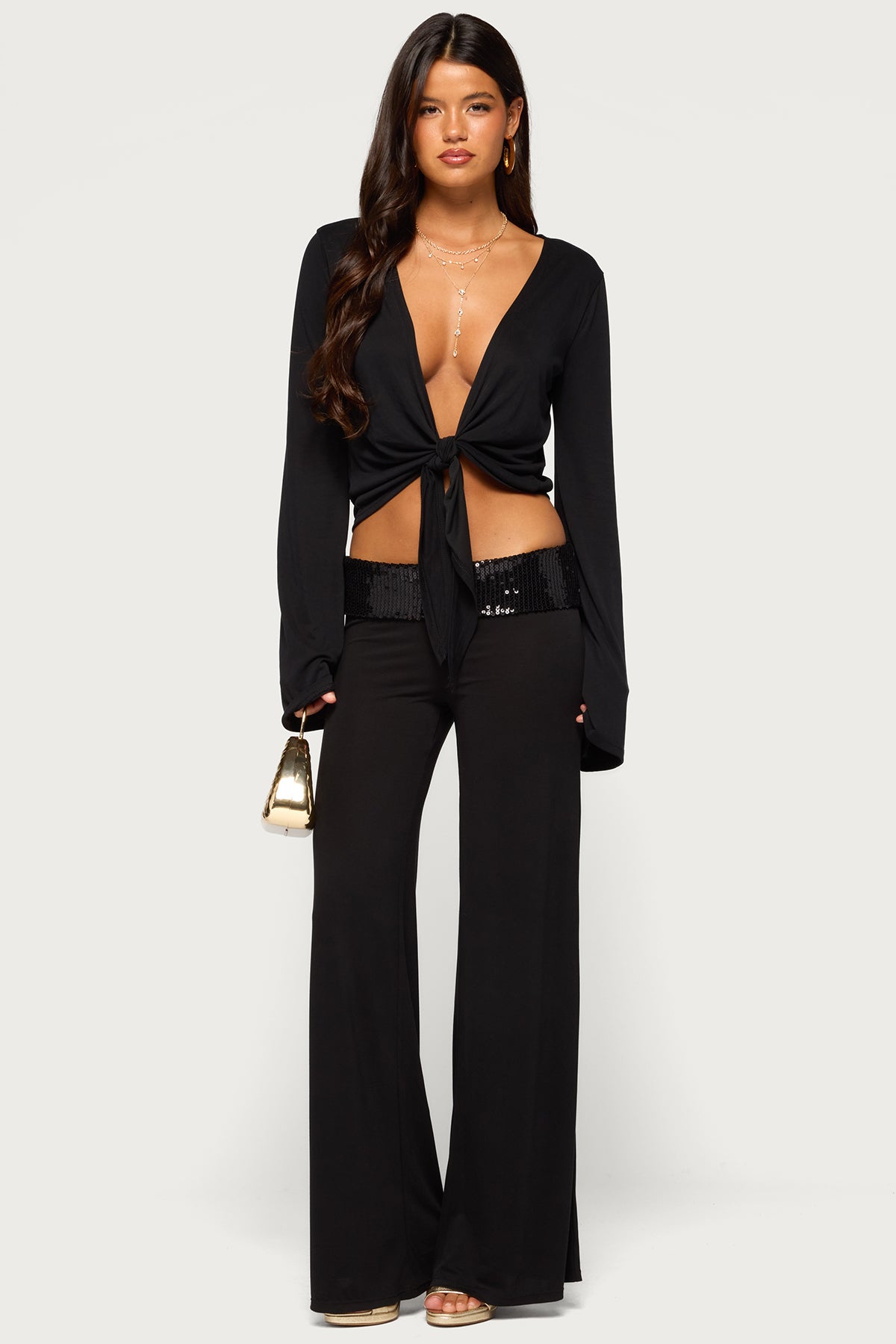 Moni Low Rise Foldover Sequin Pants - BLACK