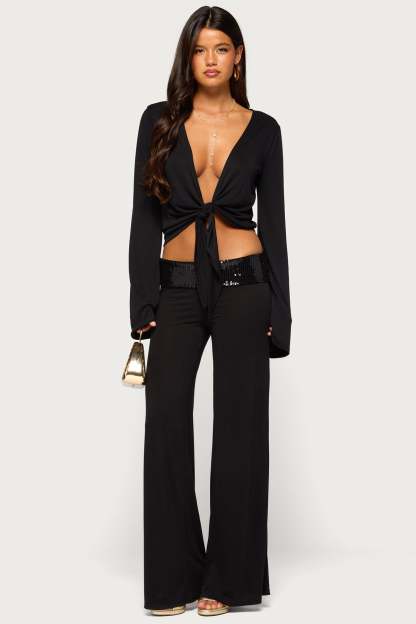 Moni Low Rise Foldover Sequin Pants - BLACK