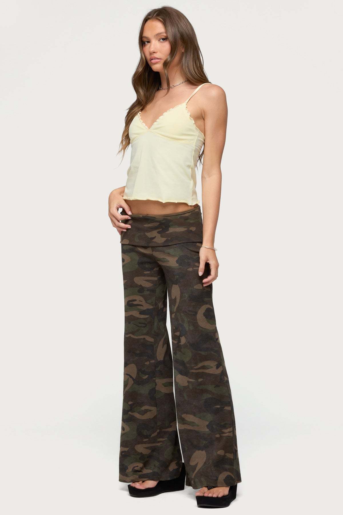Lumielle Camo Wide Leg Foldover Pants - OLIVE