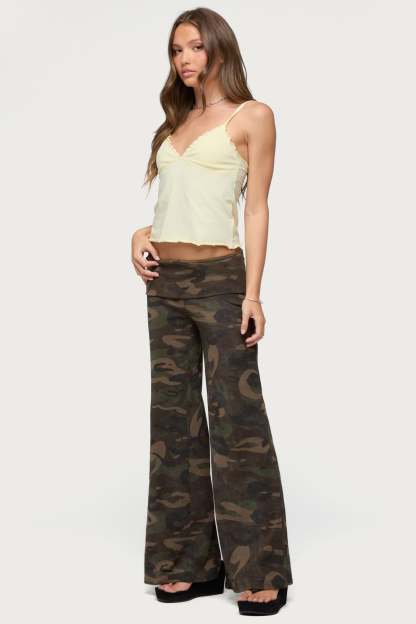 Lumielle Camo Wide Leg Foldover Pants - OLIVE