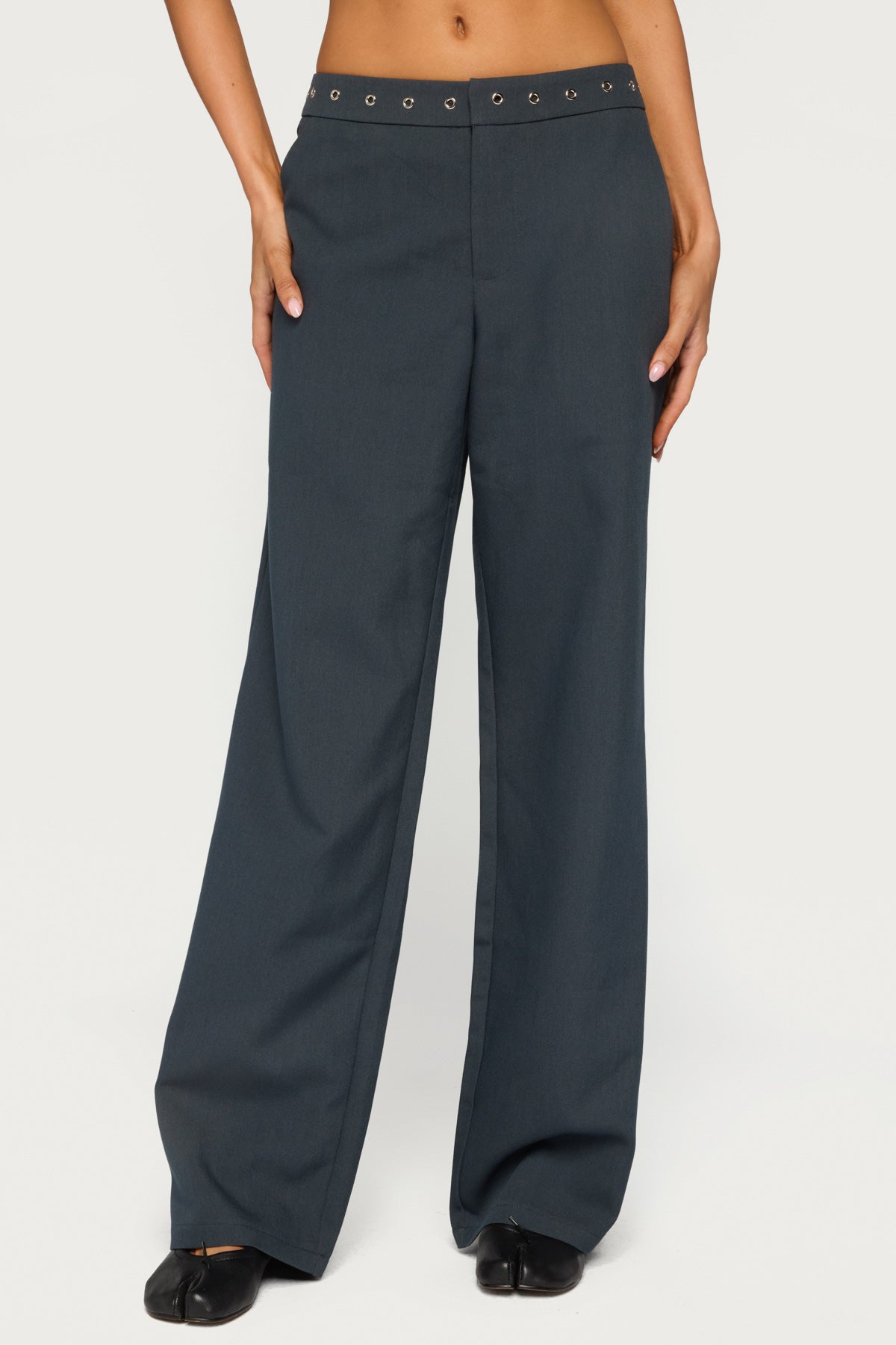 Ayve Eyelet Waist Straight Leg Pants - DARK GRAY