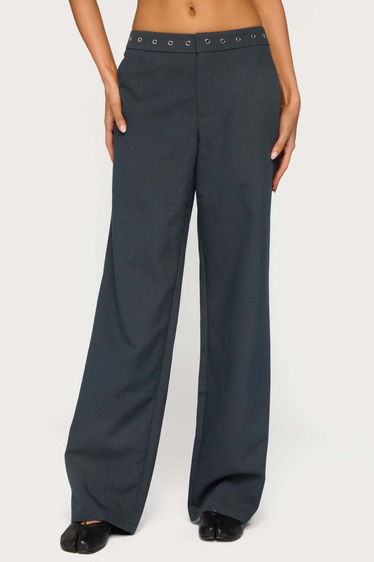 Ayve Eyelet Waist Straight Leg Pants - DARK GRAY