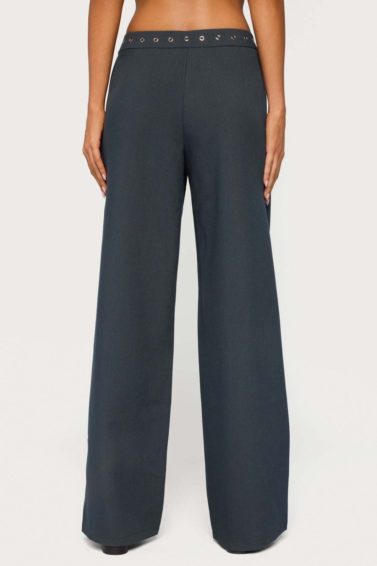Ayve Eyelet Waist Straight Leg Pants - DARK GRAY